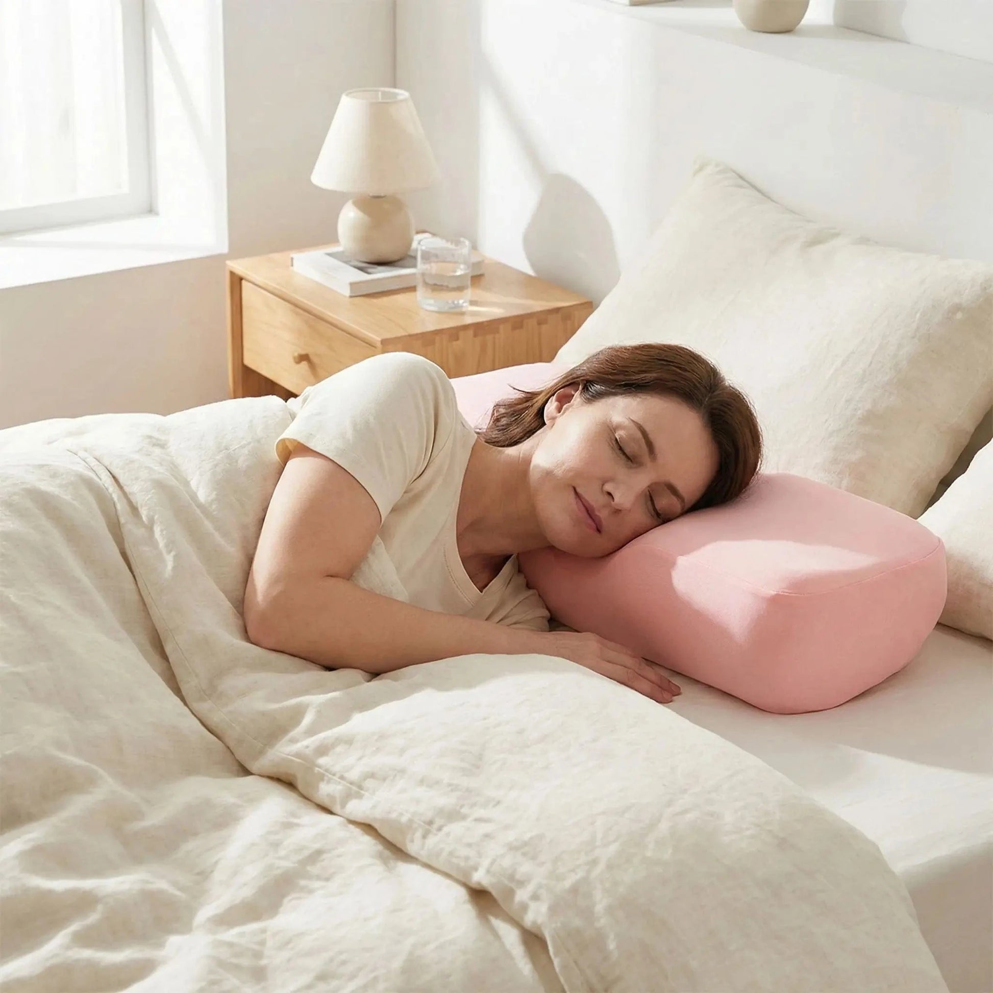 Femme couchée oreiller cervical ergonomique rose Allié du bien être