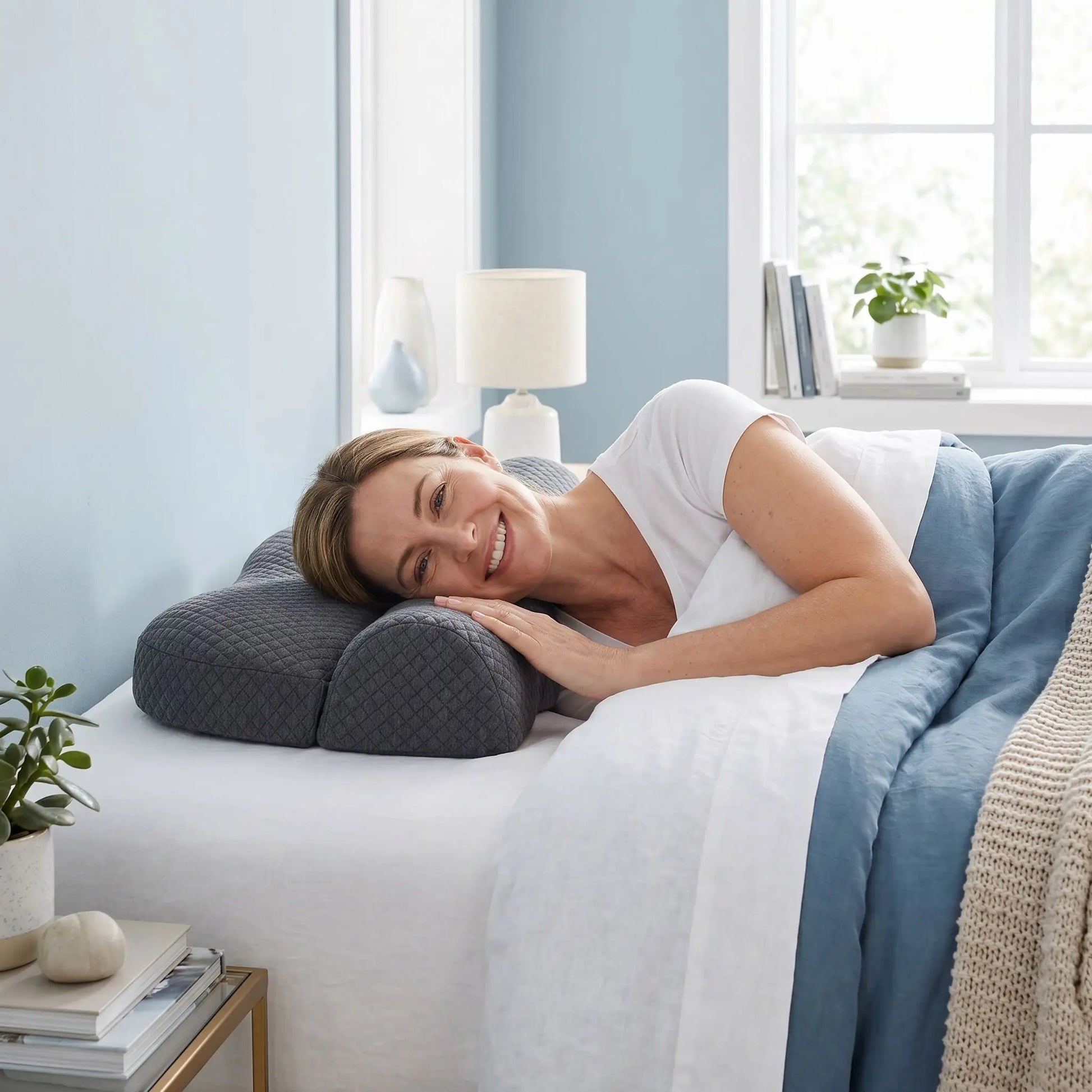 Femme couchée-souriante sur oreiller cervical mémoire de forme