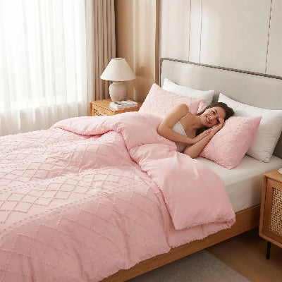 Femme couchée sous housse de couette 135x200 rose