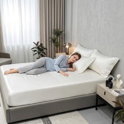 femme couchée sur drap housse blanc