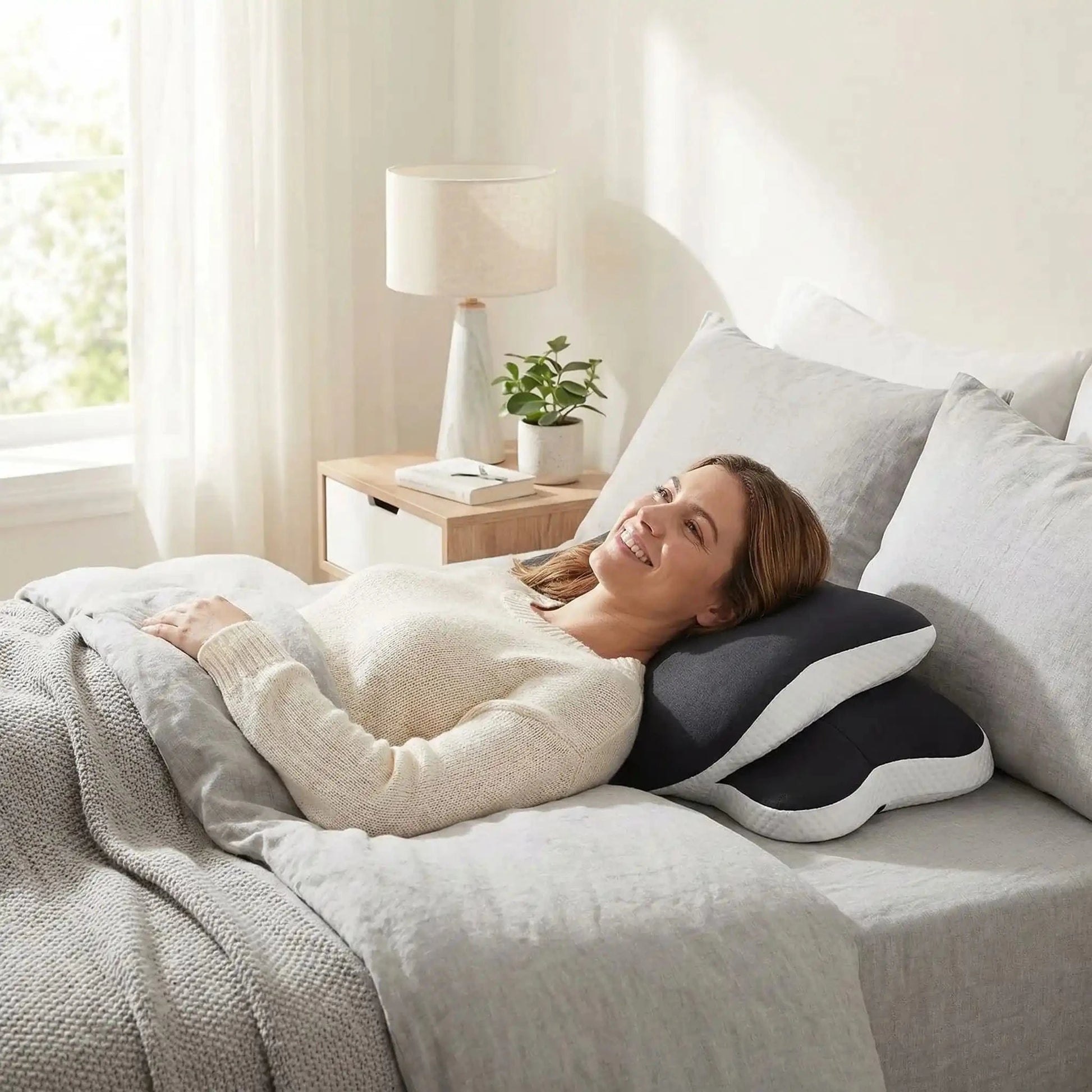 Femme couchée sur oreiller cervical ergonomique noir souriante Soutien Cervical