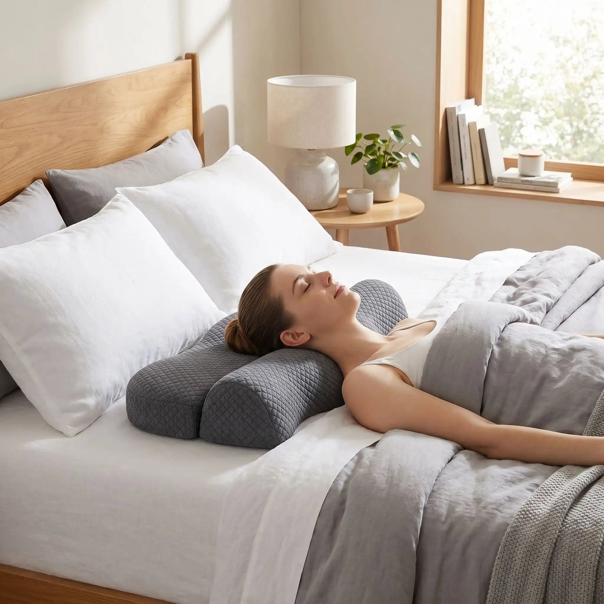 Femme couchée sur oreiller cervical mémoire de forme