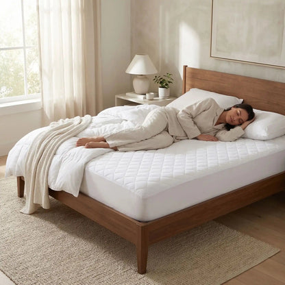 Femme couchée sur protege matelas  blanc imperméable respirant 