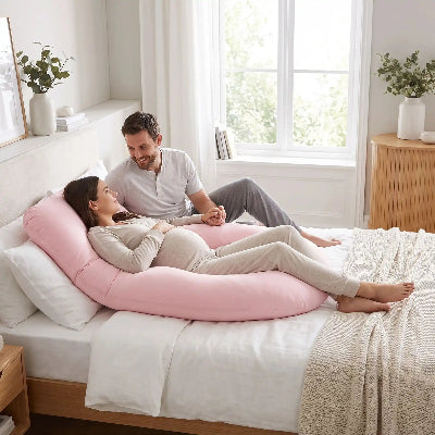 Femme couchée sur sa taie d'oreiller rose et son  mari 