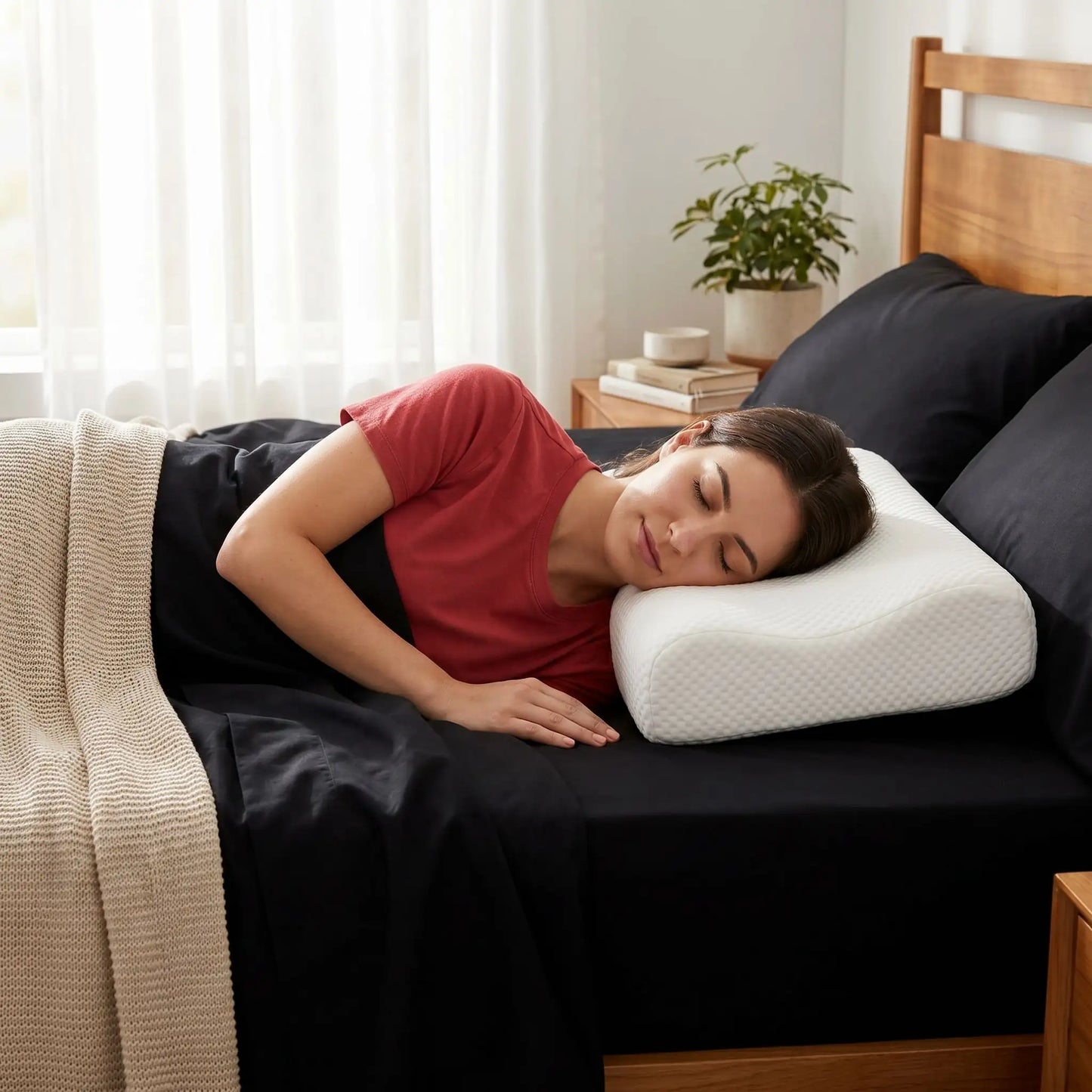 Femme couchée tête sur oreiller cervical  Bambou Mémoire Forme