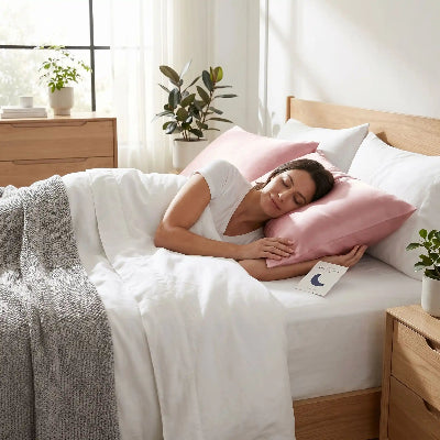 Femme couchée tête sur taie d'oreiller rose