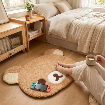 Femme dans chambre pieds nus sur descente de lit beige Rilakkumas