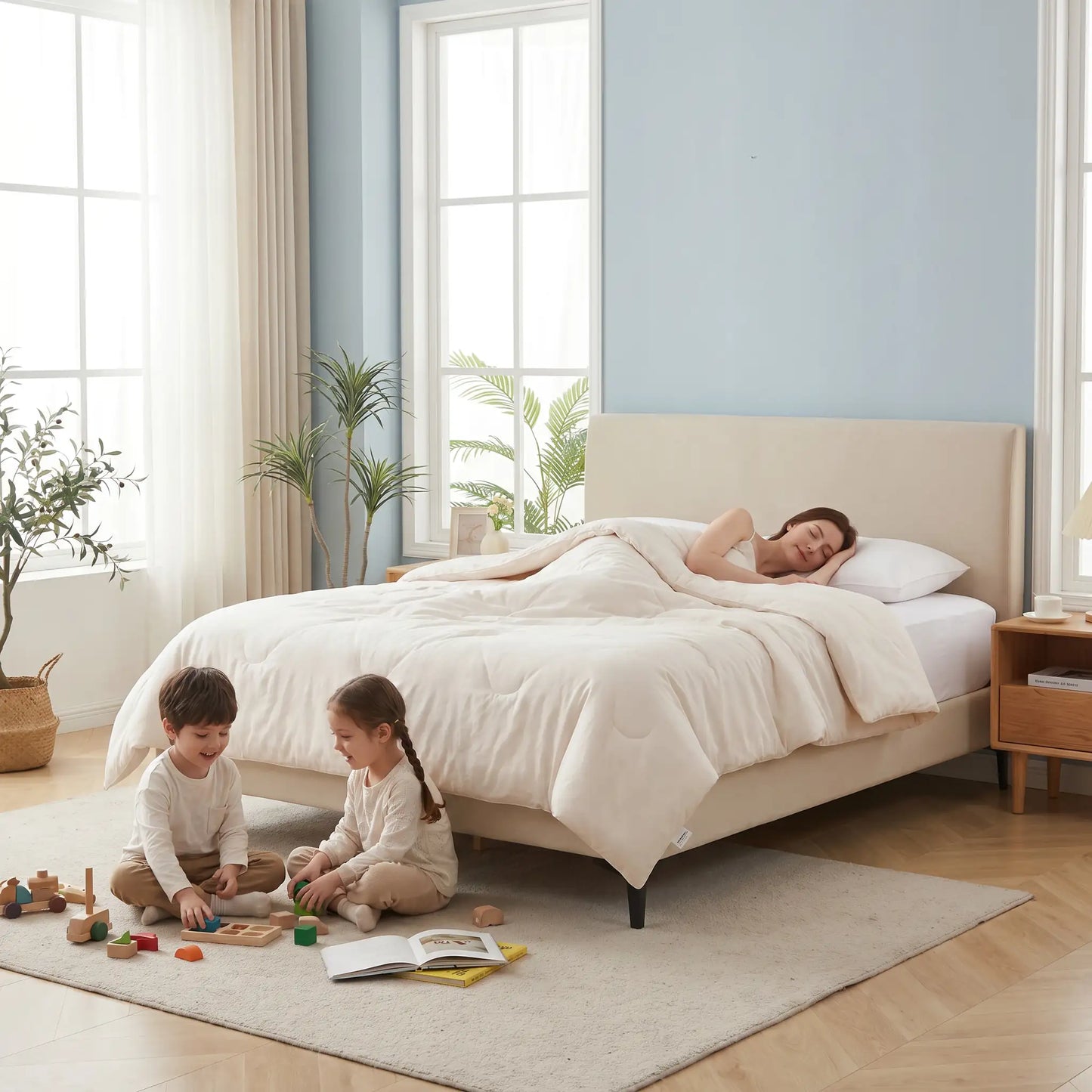 Femme dort sur protege matelas blanc imperméable anti-allergène