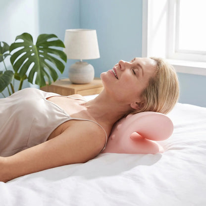Femme endiormie sur oreiller cervical rose Détente Posturale