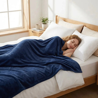 Femme endormie avec couverture bleu marine ultra douce 