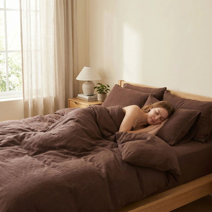 Femme endormie parure de lit gaze de coton café 