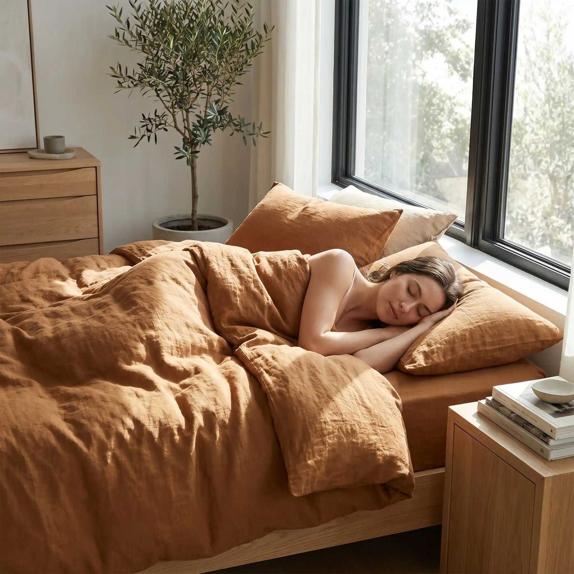 Femme endormie parure de lit gaze de coton caramel Naturelle et respirante