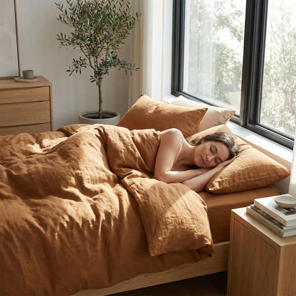 Femme endormie parure de lit gaze de coton caramel Naturelle et respirante