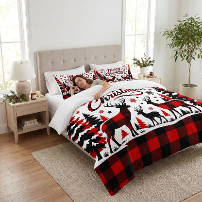 Femme endormie sous housse de couette bourgogne dans chambre