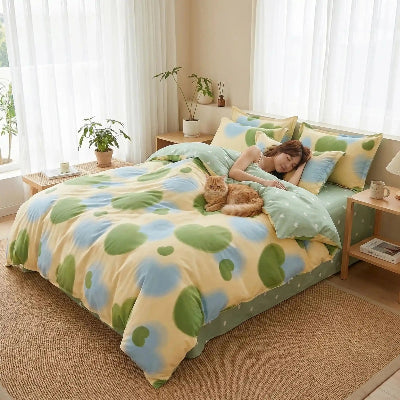 Femme endormie sous housse de couette coeurs colorés avec chat 