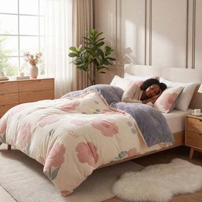 Femme endormie sous housse de couette douceur fleurs rouges 