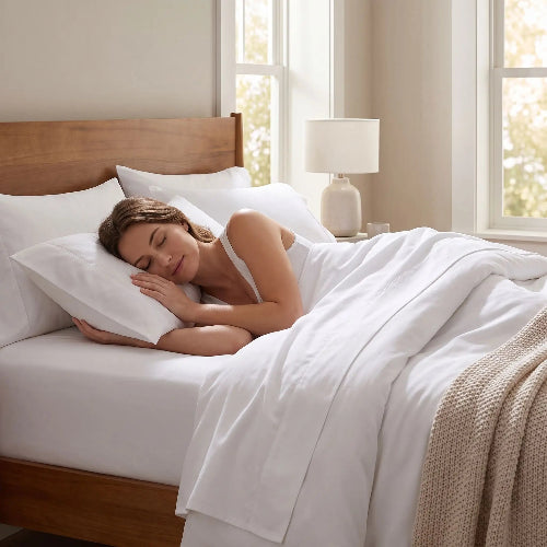 Femme endormie sur draps doux microfibre 4 saisons blancs