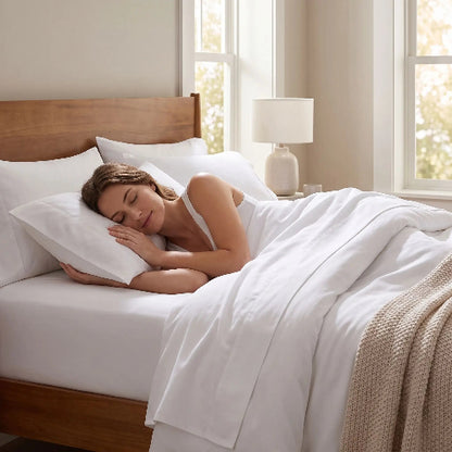 Femme endormie sur draps doux microfibre 4 saisons blancs