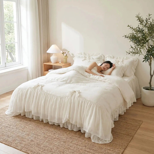 Femme endormie sur parure de lit 220x240 blanche Fraicheur Apaisante