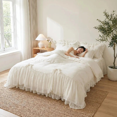Femme endormie sur parure de lit 220x240 blanche 