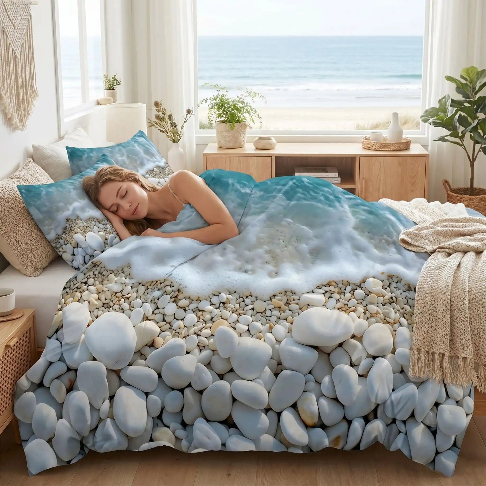 Femme endormie sur parure de lit 220x240 océanique 4 saisons
