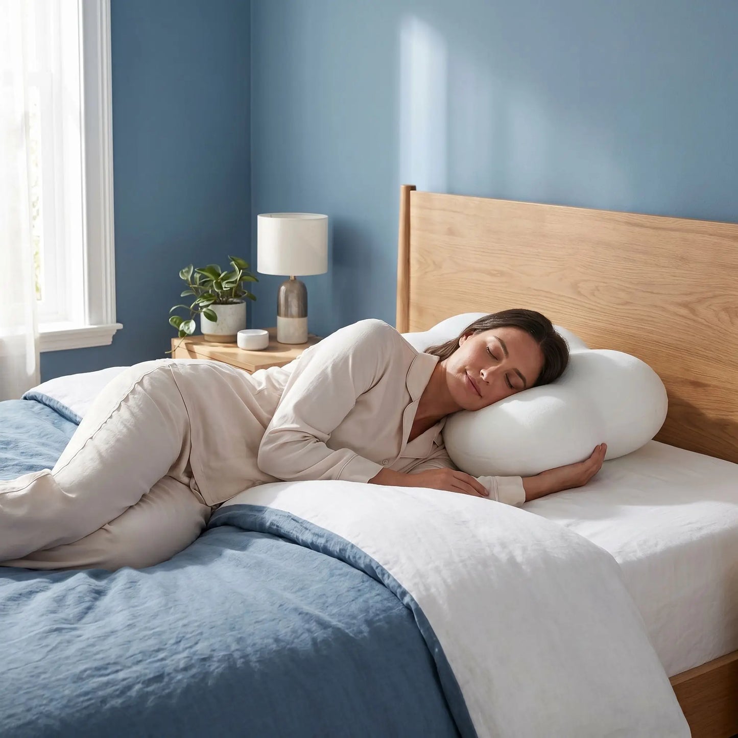 Femme endormie tête oreiller ergonomique blanc mémoire de forme