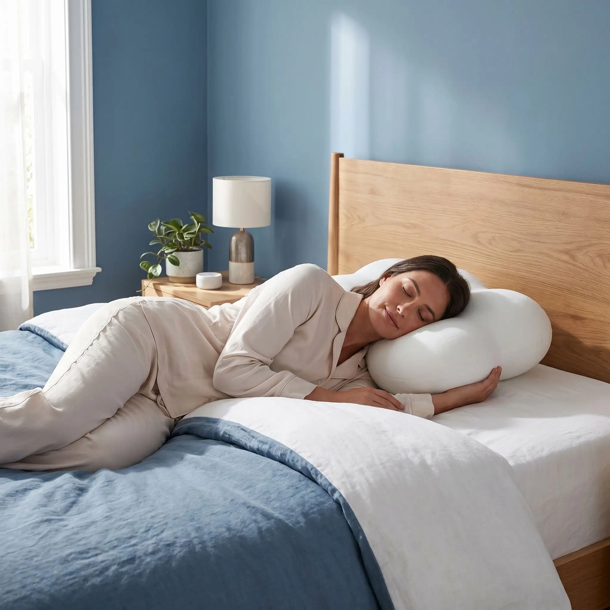 Femme endormie tête oreiller ergonomique blanc mémoire de forme