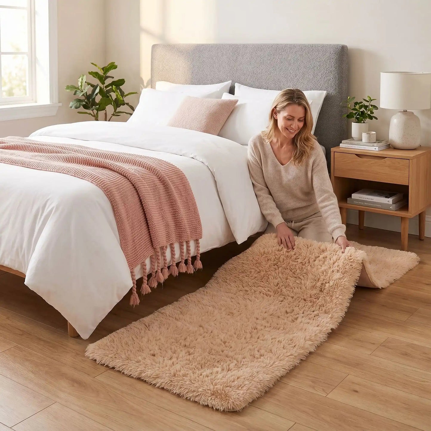 Femme installe sa descente de lit beige Ultra-douce