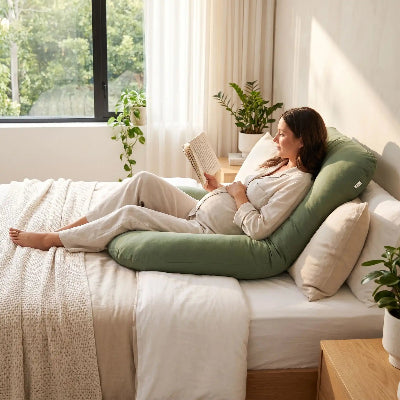 Femme lit roman sur taie d'oreiller verte 