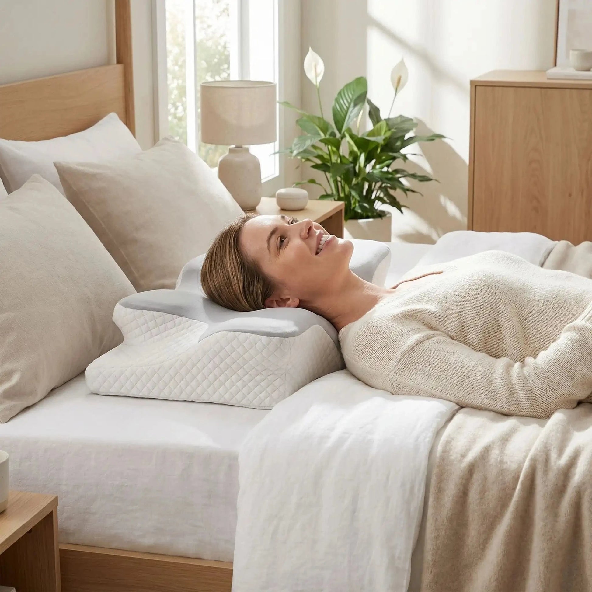 Femme oreiller cervical ergonomique gris souriante