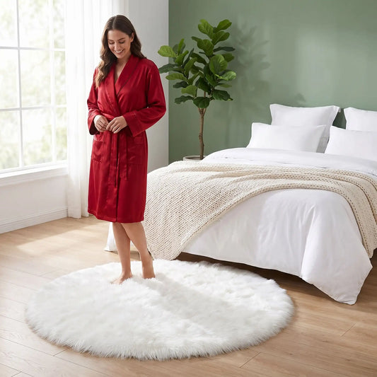 Femme peignoir rouge sur tapis descente de lit rond blanc