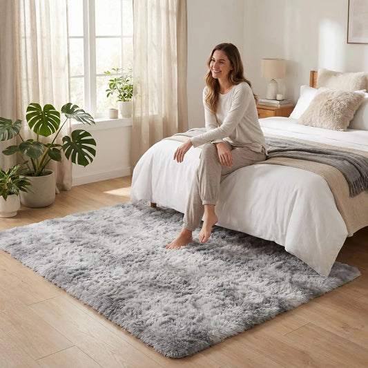 Femme pieds sur descente de lit gris clair Moelleuse Élégante