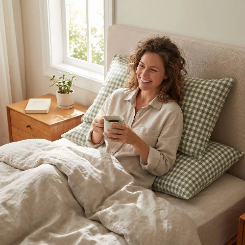 Femme souriante avec café adossée sur taie d'oreiller cottonwell™ gris rayée 