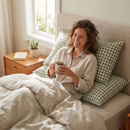 Femme souriante avec café adossée sur taie d'oreiller cottonwell™ gris rayée 
