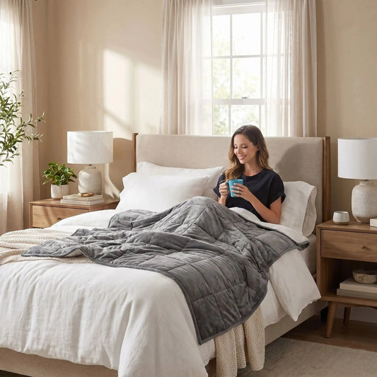 Femme  souriante avec café sous ouverture lestee grise Sommeil Zen  
