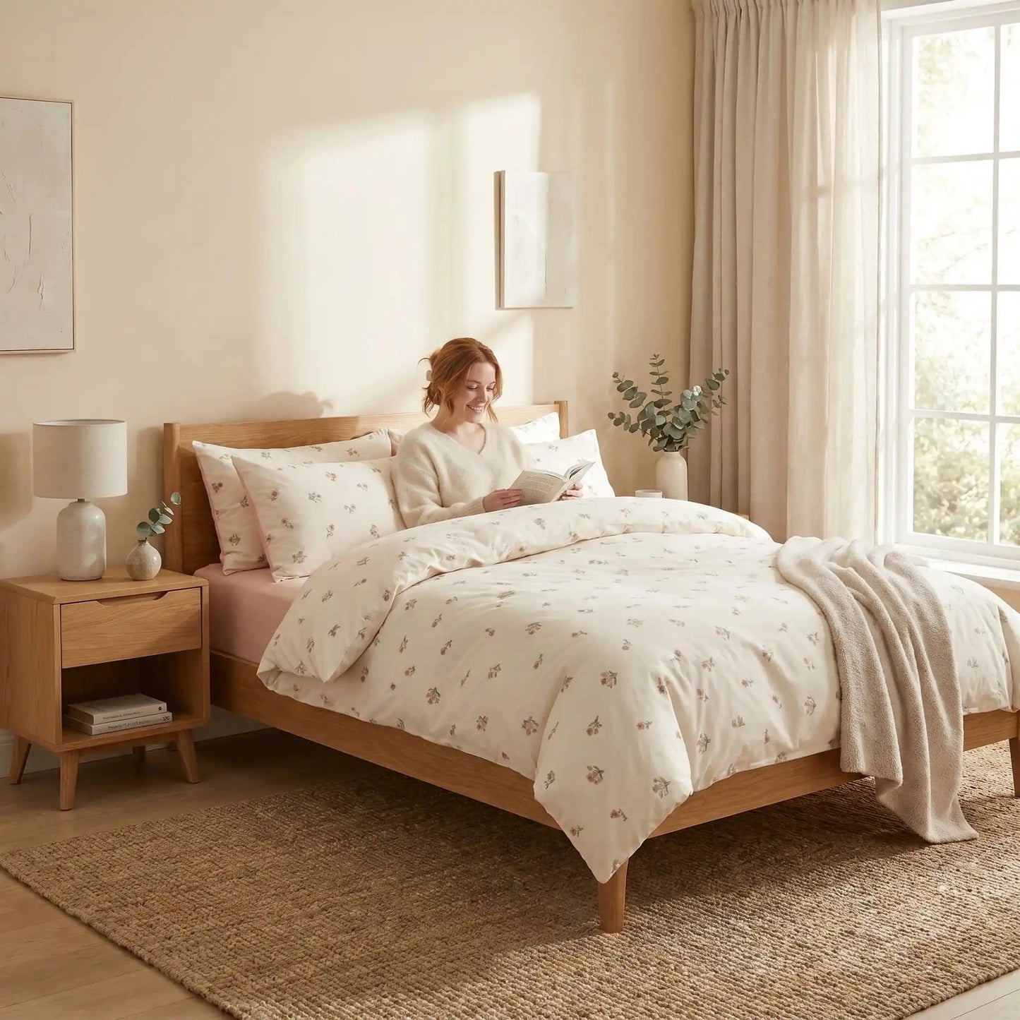 Femme souriante avec livre parure de lit coton premium