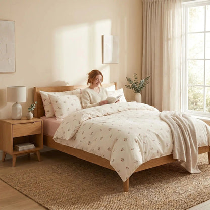 Femme souriante avec livre parure de lit coton premium