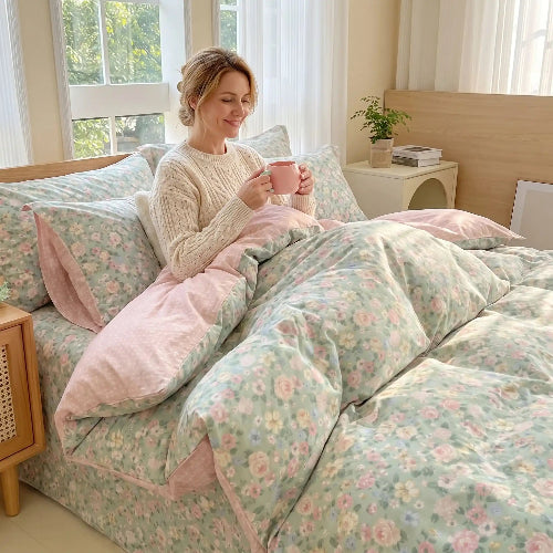 Femme souriante sous housse de couette douceur Cozywinter™ avec café