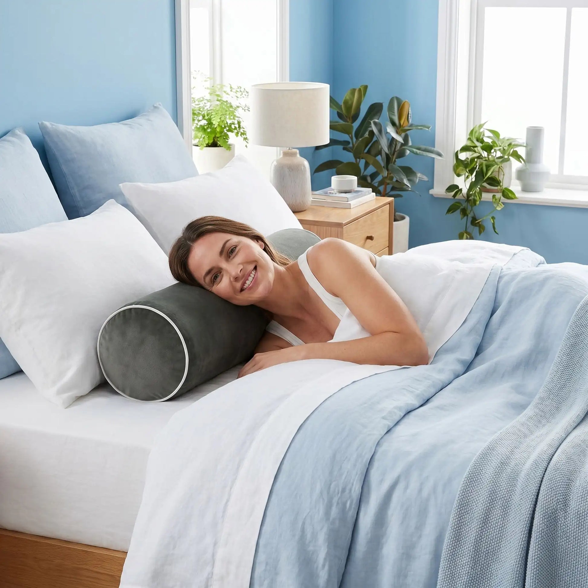 Femme souriante tête sur oreiller cervical noir Mémoire de Forme