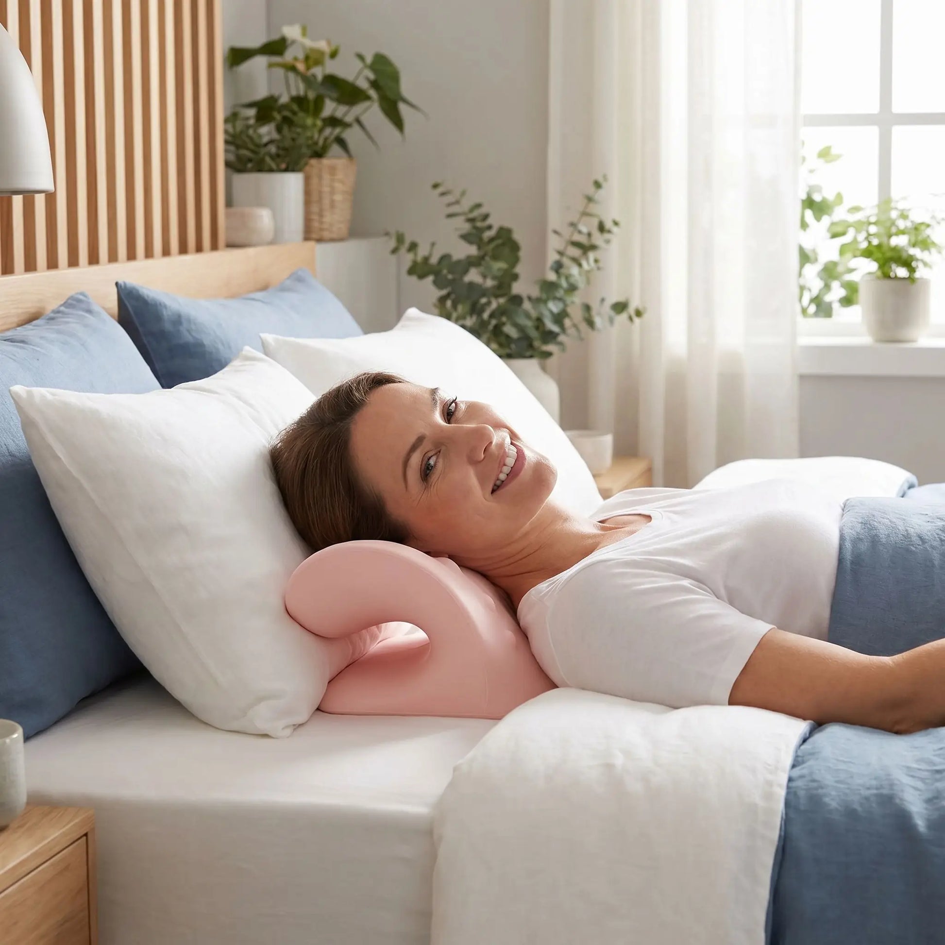 Femme souriante tête sur oreiller cervical rose Détente Posturale