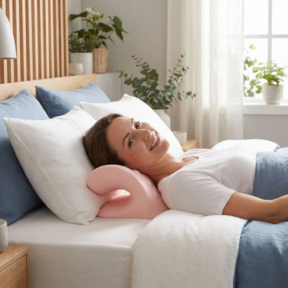 Femme souriante tête sur oreiller cervical rose Détente Posturale