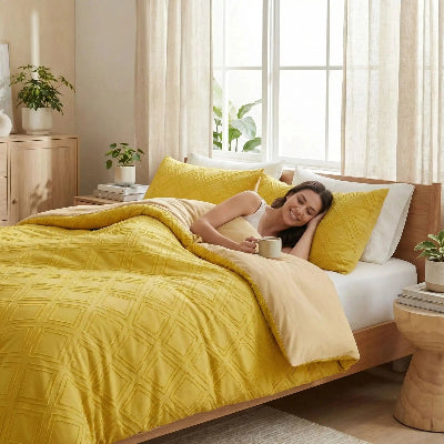 Femme sous housse de couette 240x220 jaune douceur apaisante