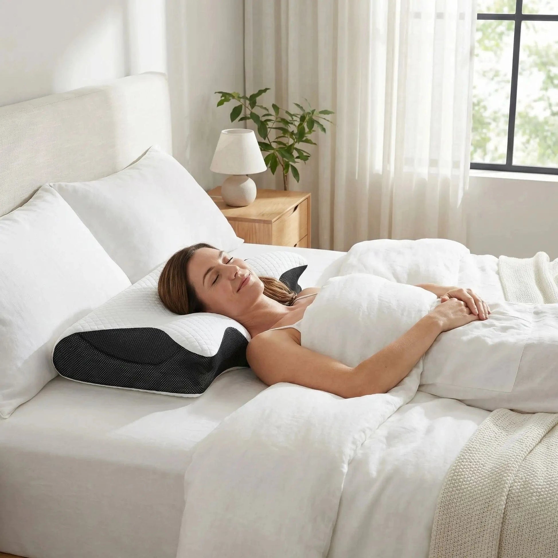 Femme sur dos tête sur oreiller ergonomique blanc noir