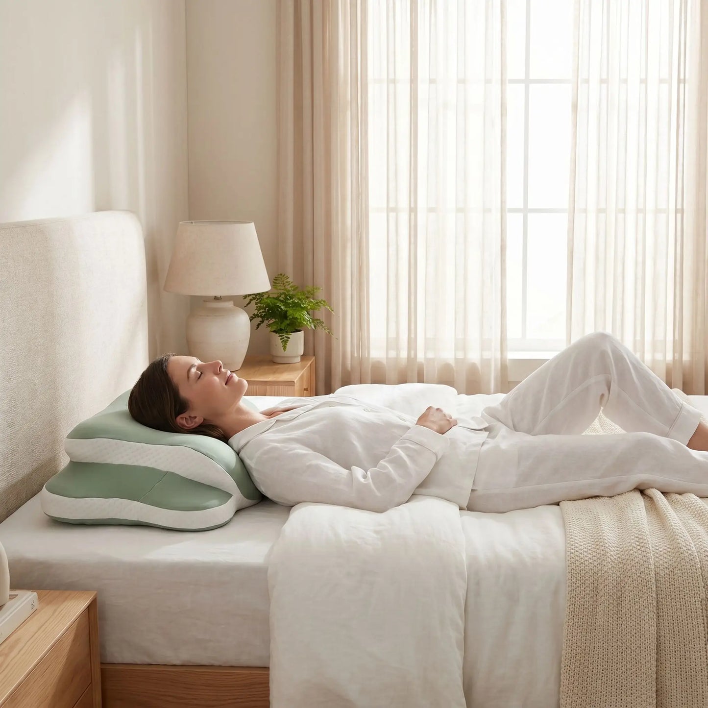 Femme sur oreiller ergonomique pour cervicales vert Sommeil Réparateur