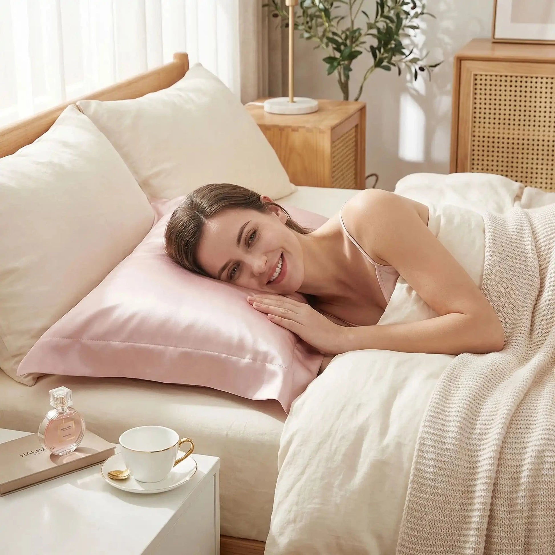 Femme taie d oreiller en soie rose  | Souriante