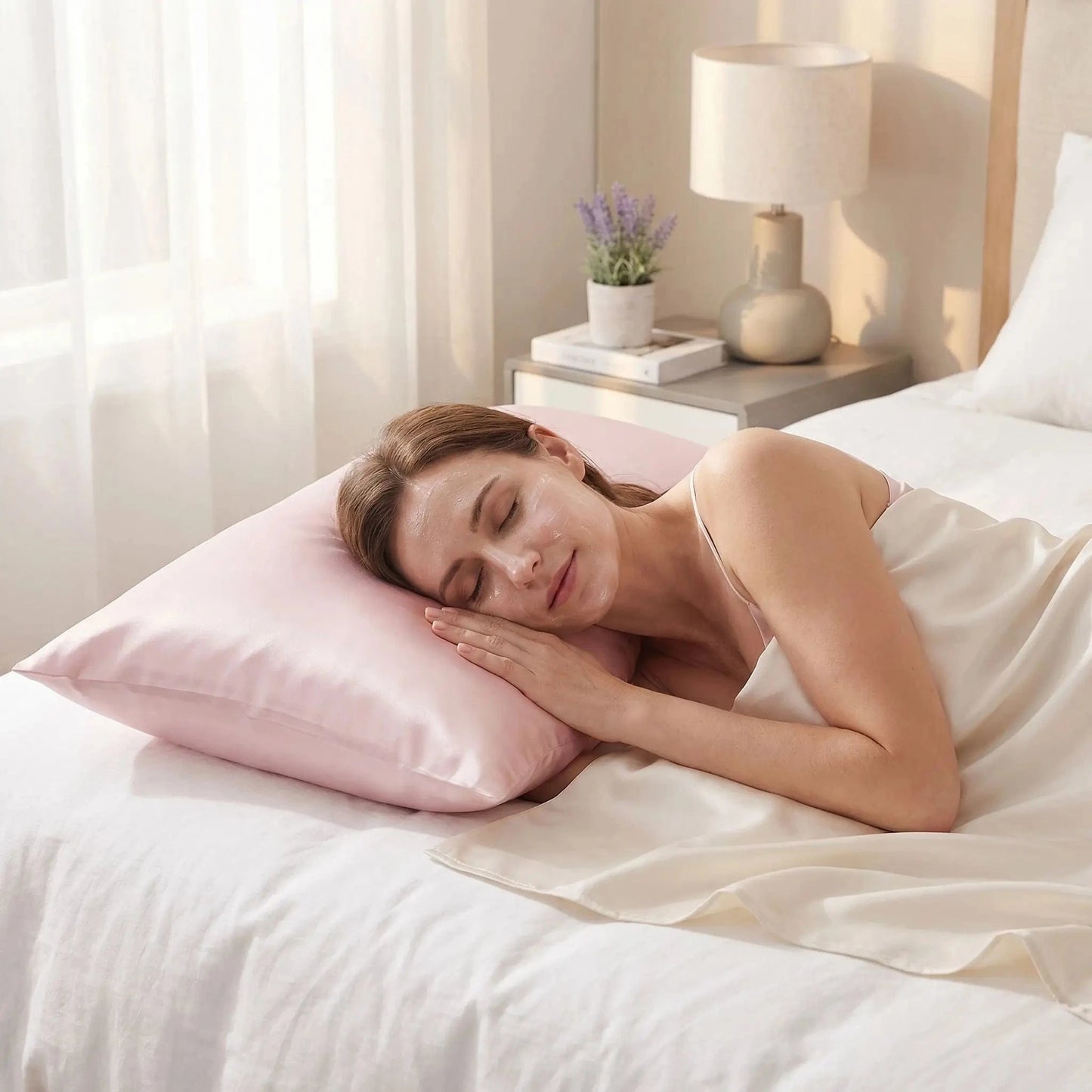 Femme taie d oreiller en soie rose  | Visage Gras