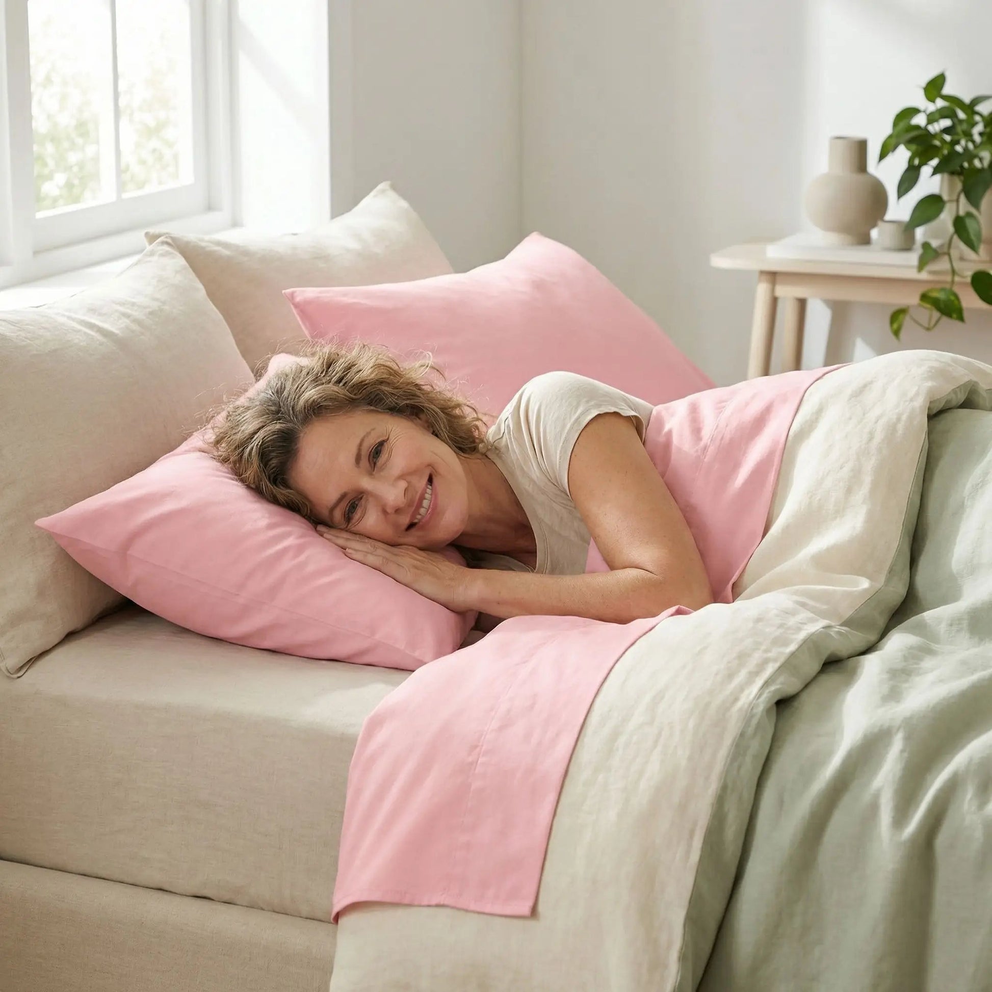 Femme taies d'oreiller rose souriante | Respirant 50x70