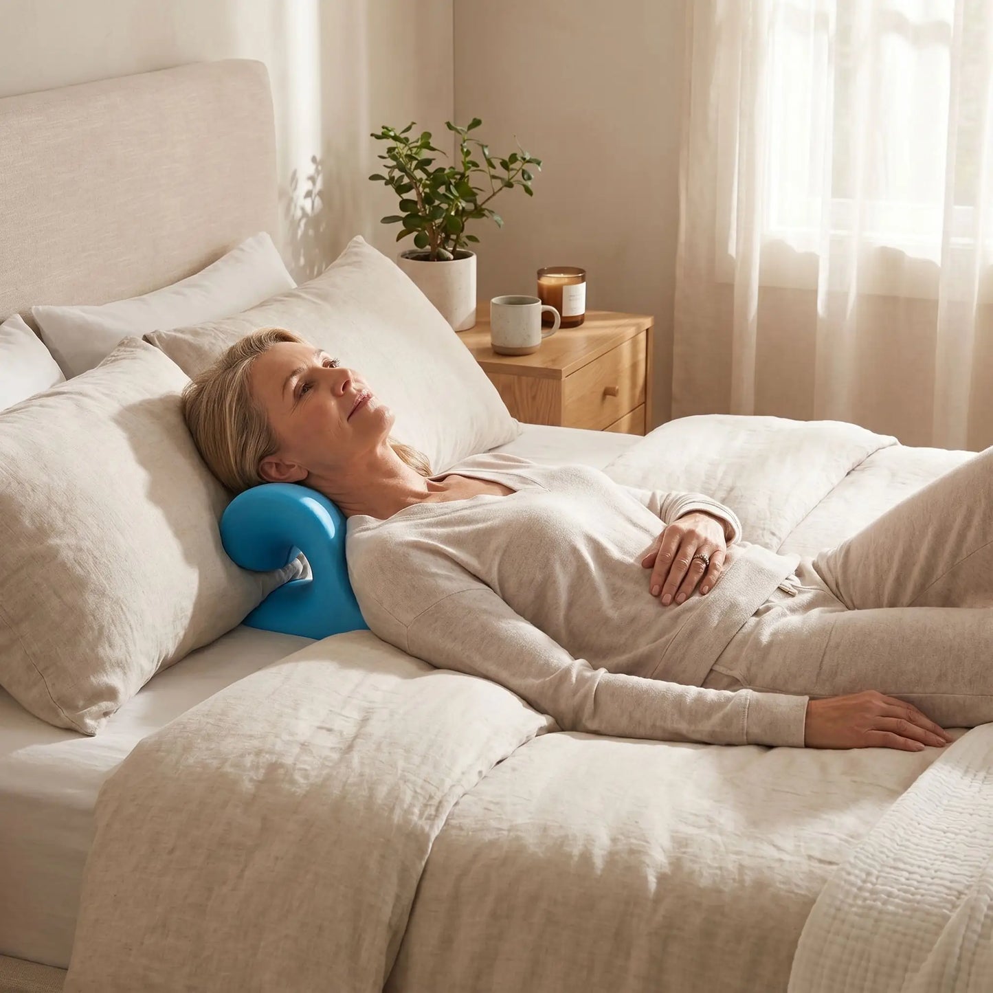 Femme tête sur oreiller cervical bleu Détente Posturale