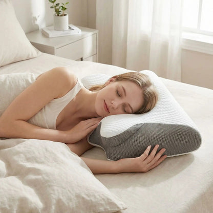Femme tête suroreiller ergonomique blanc-  gris forme cornue