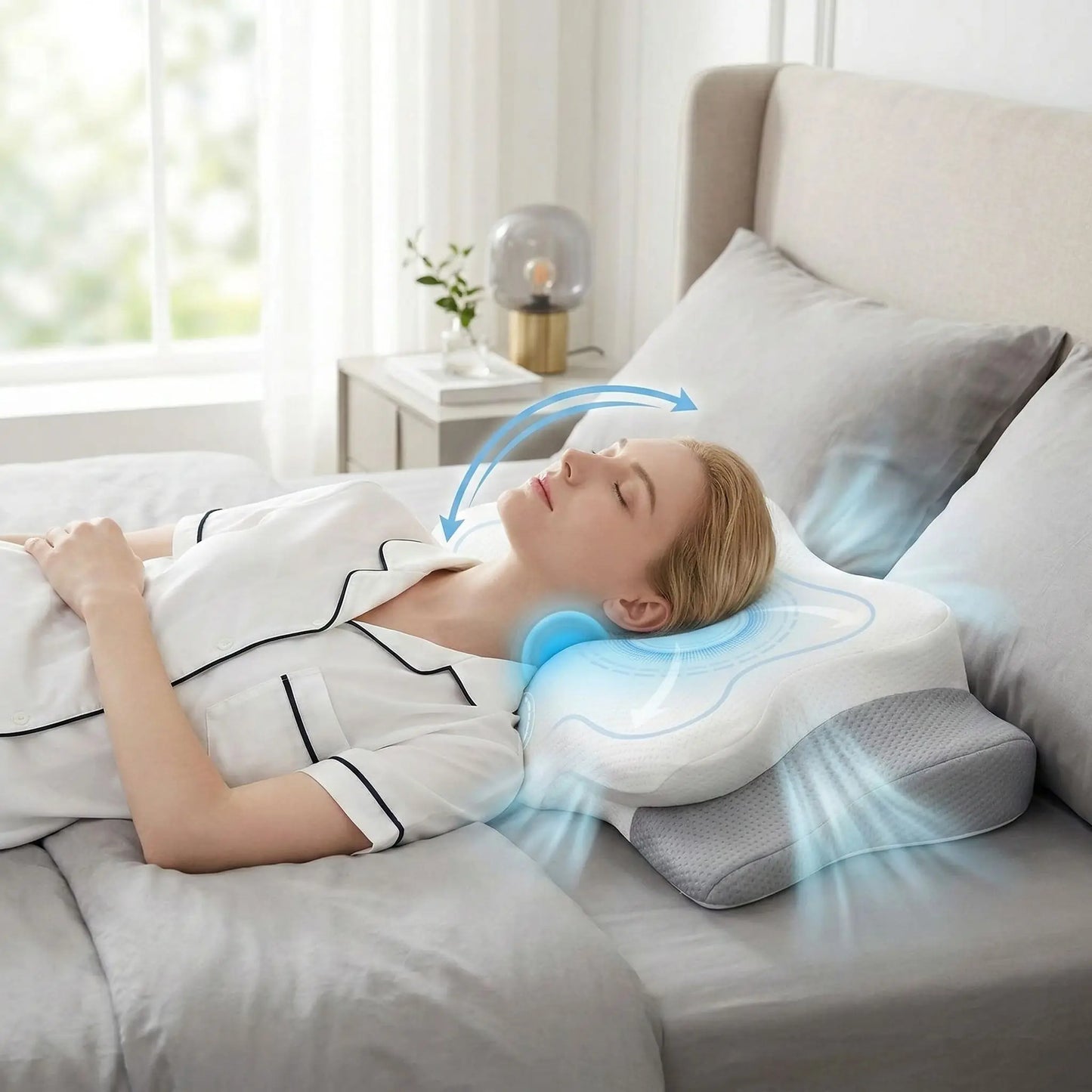  Femme tête sur oreiller ergonomique pour cervicales gris clair